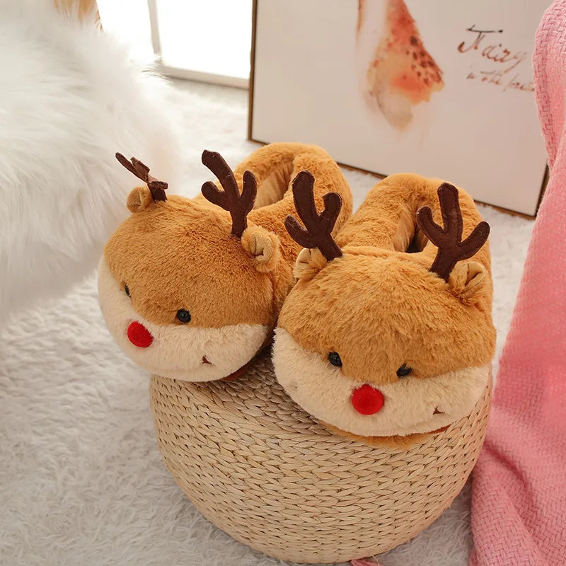 EU36-43 Warm Slippers Cartoon Indoor Flat Long Plush Slippers Home Shoes Floor Slippers Non-slip Duck Pig Girl Boy Couple