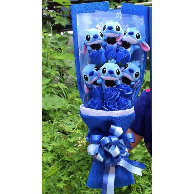 drop shipping Cartoon Stitch Plush Doll Toys Cute Stich Plush Bouquet With Fake Flower Wedding Party Gift No Box