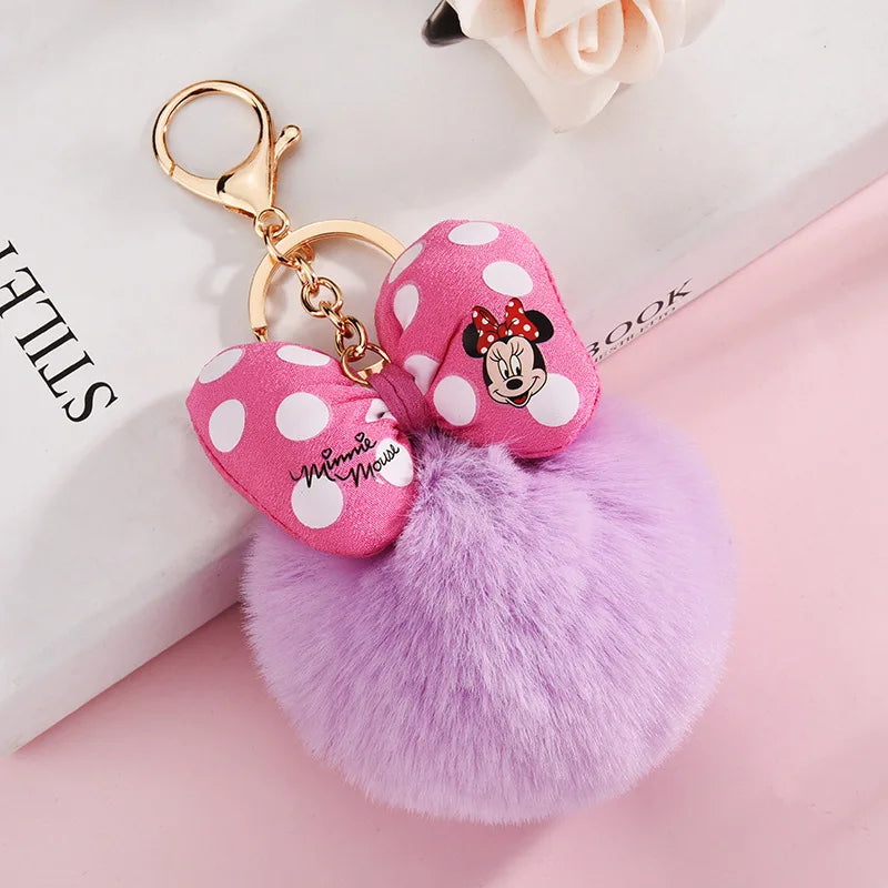 Disney Minnie Mickey Mouse Plush Keychains Cartoon Polka Dot Bow Pom-Pom Key Ring Pendant Car Bag Ornament Girl Child Gift Toy