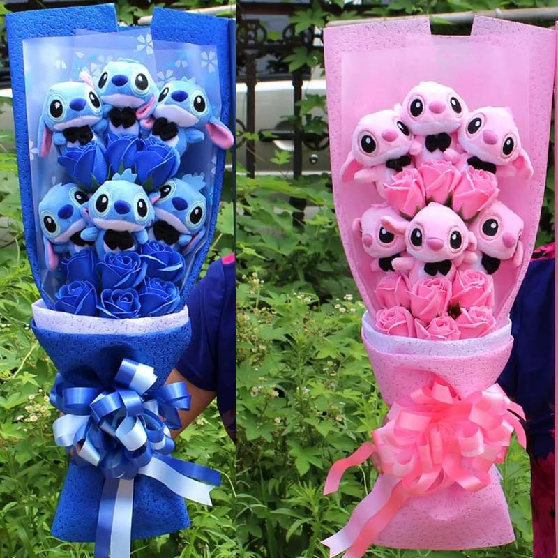 Disney Cartoon Stitch Plush Toys Rose Bouquet Gift Box Anime Lilo Stitch Soft Stuffed Dolls Bouquets Valentine Christmas Gifts