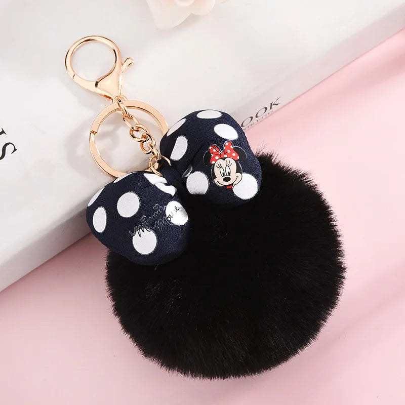 Disney Minnie Mickey Mouse Plush Keychains Cartoon Polka Dot Bow Pom-Pom Key Ring Pendant Car Bag Ornament Girl Child Gift Toy