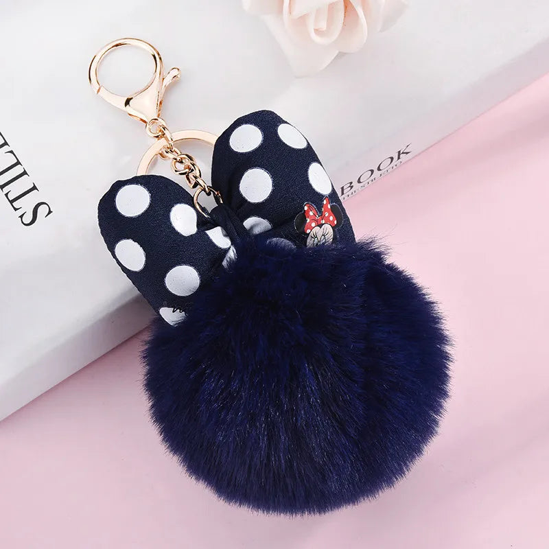 Disney Minnie Mickey Mouse Plush Keychains Cartoon Polka Dot Bow Pom-Pom Key Ring Pendant Car Bag Ornament Girl Child Gift Toy