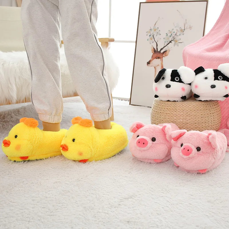 EU36-43 Warm Slippers Cartoon Indoor Flat Long Plush Slippers Home Shoes Floor Slippers Non-slip Duck Pig Girl Boy Couple