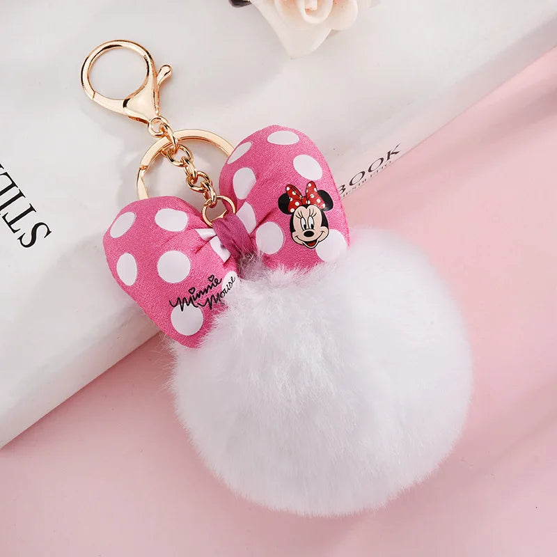 Disney Minnie Mickey Mouse Plush Keychains Cartoon Polka Dot Bow Pom-Pom Key Ring Pendant Car Bag Ornament Girl Child Gift Toy