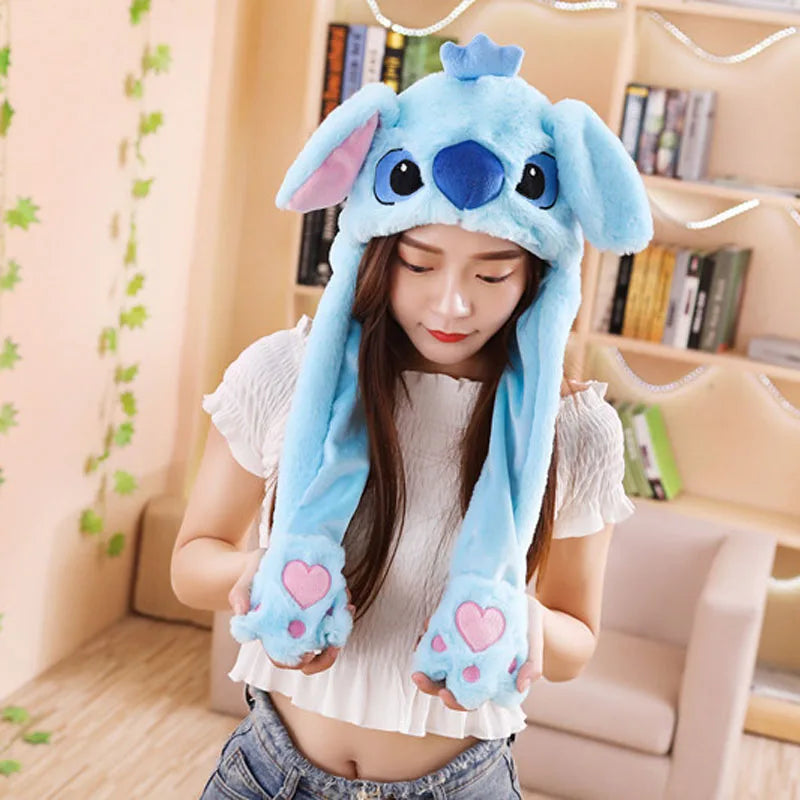 Moving Hat Rabbit Ear Plush Toy Airbag Cap Stitch Lighted Hat Mickey Minnie Mouse  Doll  Cosplay Hat Kid Children Birthday Gifts