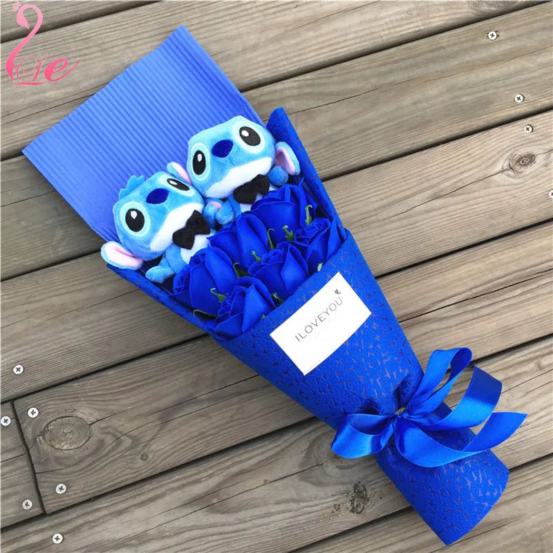 drop shipping Cartoon Stitch Plush Doll Toys Cute Stich Plush Bouquet With Fake Flower Wedding Party Gift No Box