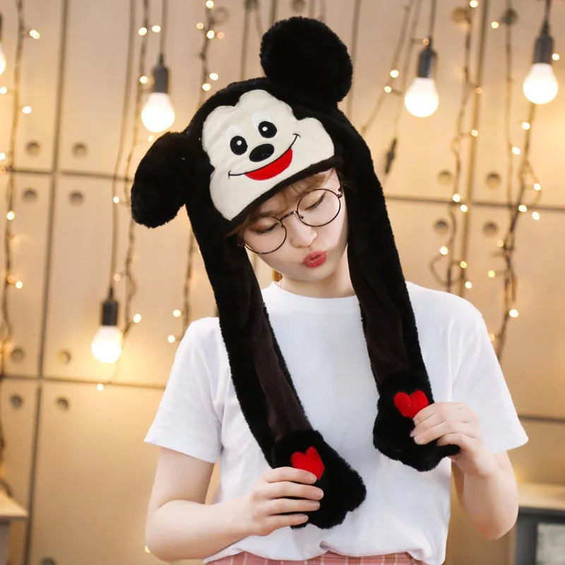 Moving Hat Rabbit Ear Plush Toy Airbag Cap Stitch Lighted Hat Mickey Minnie Mouse  Doll  Cosplay Hat Kid Children Birthday Gifts