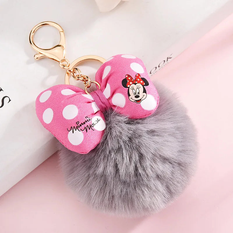 Disney Minnie Mickey Mouse Plush Keychains Cartoon Polka Dot Bow Pom-Pom Key Ring Pendant Car Bag Ornament Girl Child Gift Toy