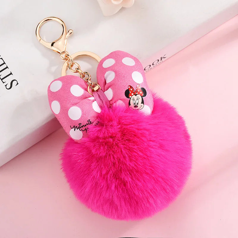 Disney Minnie Mickey Mouse Plush Keychains Cartoon Polka Dot Bow Pom-Pom Key Ring Pendant Car Bag Ornament Girl Child Gift Toy