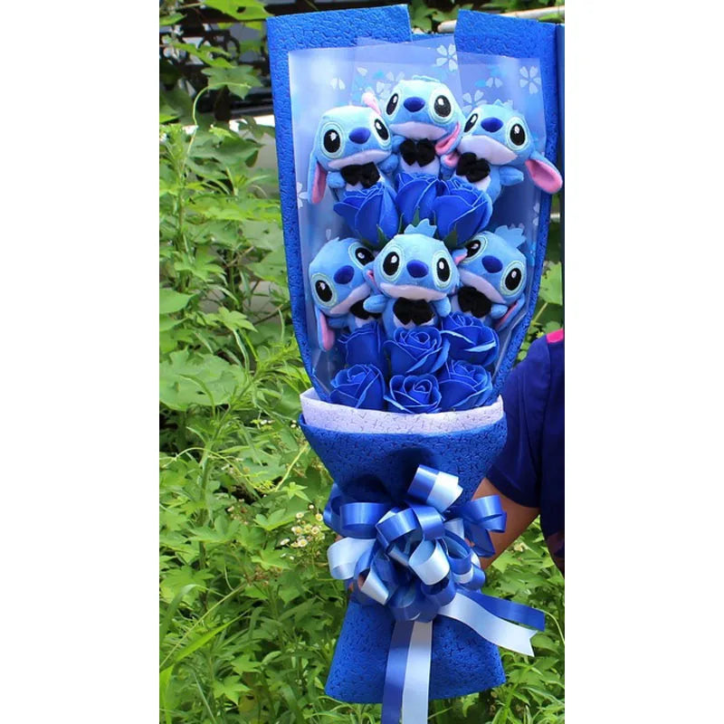 Drop Shipping Cartoon Lilo Stitch Plush Doll Toys Rose Bouquet Gift Box Stich Plush Bouquet with Fake Flower Wedding Party Gift