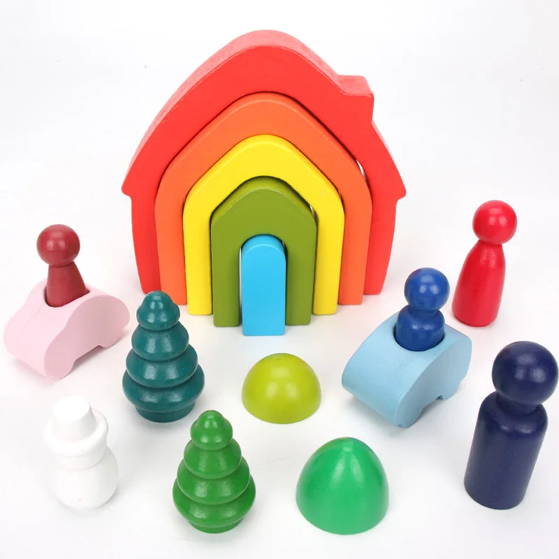 Wooden Rainbow Blocks Da Vinci Bridge Grimms Balls Rainbow Stackers Baby Stacking Game Wood Rainbow Stackers for Kids Montessori