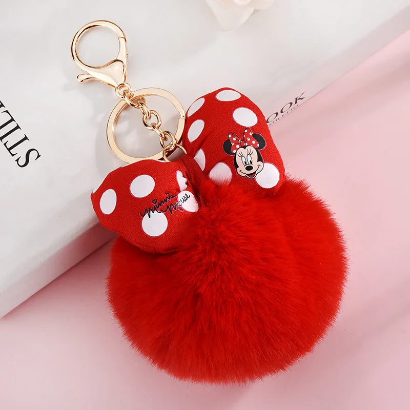 Disney Minnie Mickey Mouse Plush Keychains Cartoon Polka Dot Bow Pom-Pom Key Ring Pendant Car Bag Ornament Girl Child Gift Toy