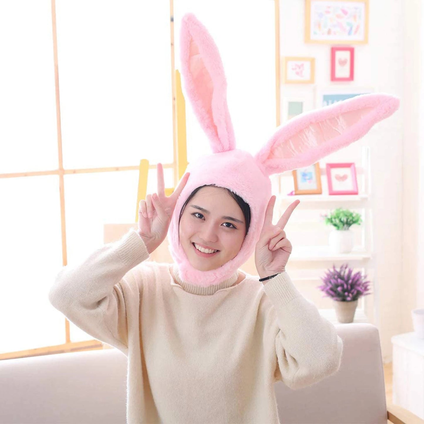 Women Men Funny Plush Bunny Ears Hood Hat Cute Rabbit Eastern Cosplay Costume Accessory Headwear Halloween Party Props