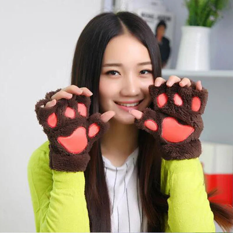 Women's Lovely Cartoon Fluffy Bear Cat Paw Mittens