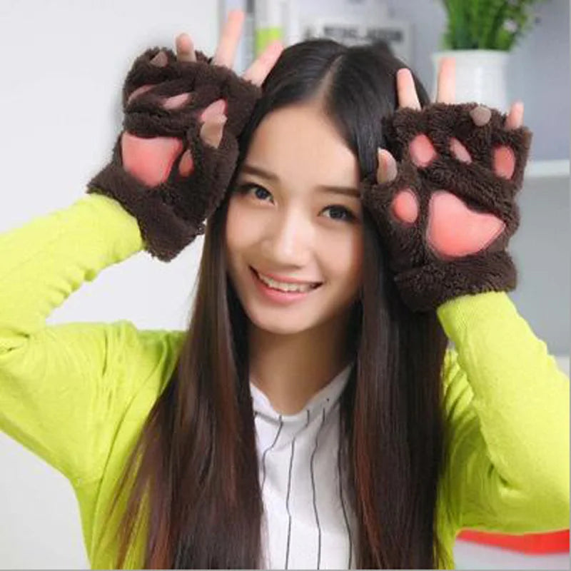 Women's Lovely Cartoon Fluffy Bear Cat Paw Mittens