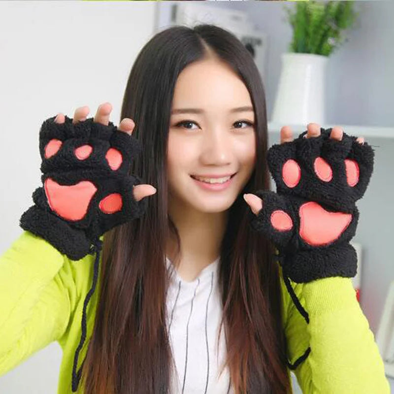 Women's Lovely Cartoon Fluffy Bear Cat Paw Mittens