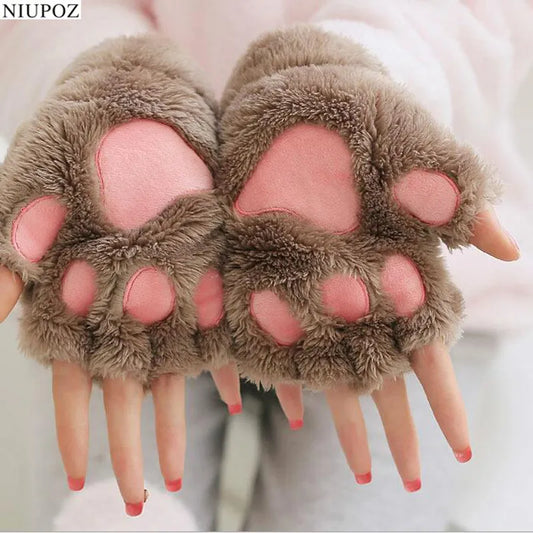 Women's Lovely Cartoon Fluffy Bear Cat Paw Mittens
