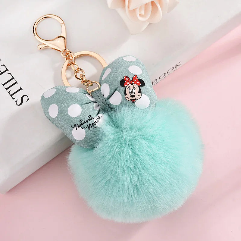 Disney Minnie Mickey Mouse Plush Keychains Cartoon Polka Dot Bow Pom-Pom Key Ring Pendant Car Bag Ornament Girl Child Gift Toy