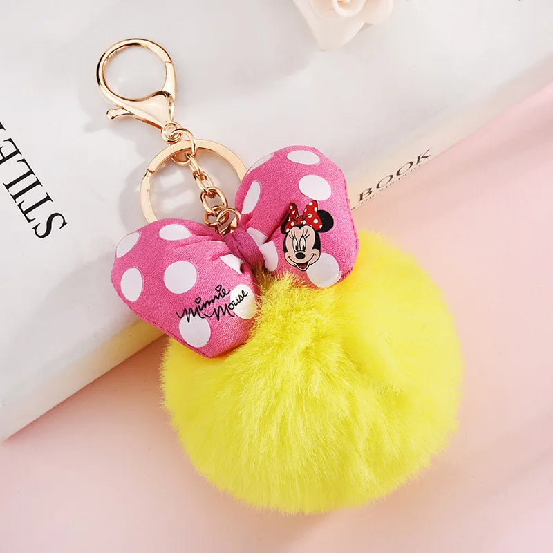 Disney Minnie Mickey Mouse Plush Keychains Cartoon Polka Dot Bow Pom-Pom Key Ring Pendant Car Bag Ornament Girl Child Gift Toy