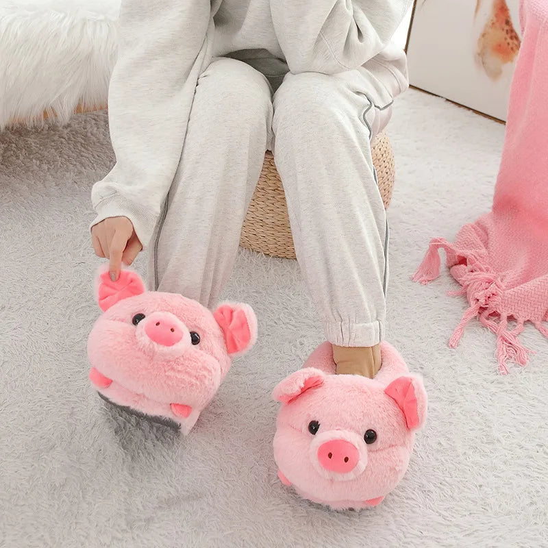 EU36-43 Warm Slippers Cartoon Indoor Flat Long Plush Slippers Home Shoes Floor Slippers Non-slip Duck Pig Girl Boy Couple