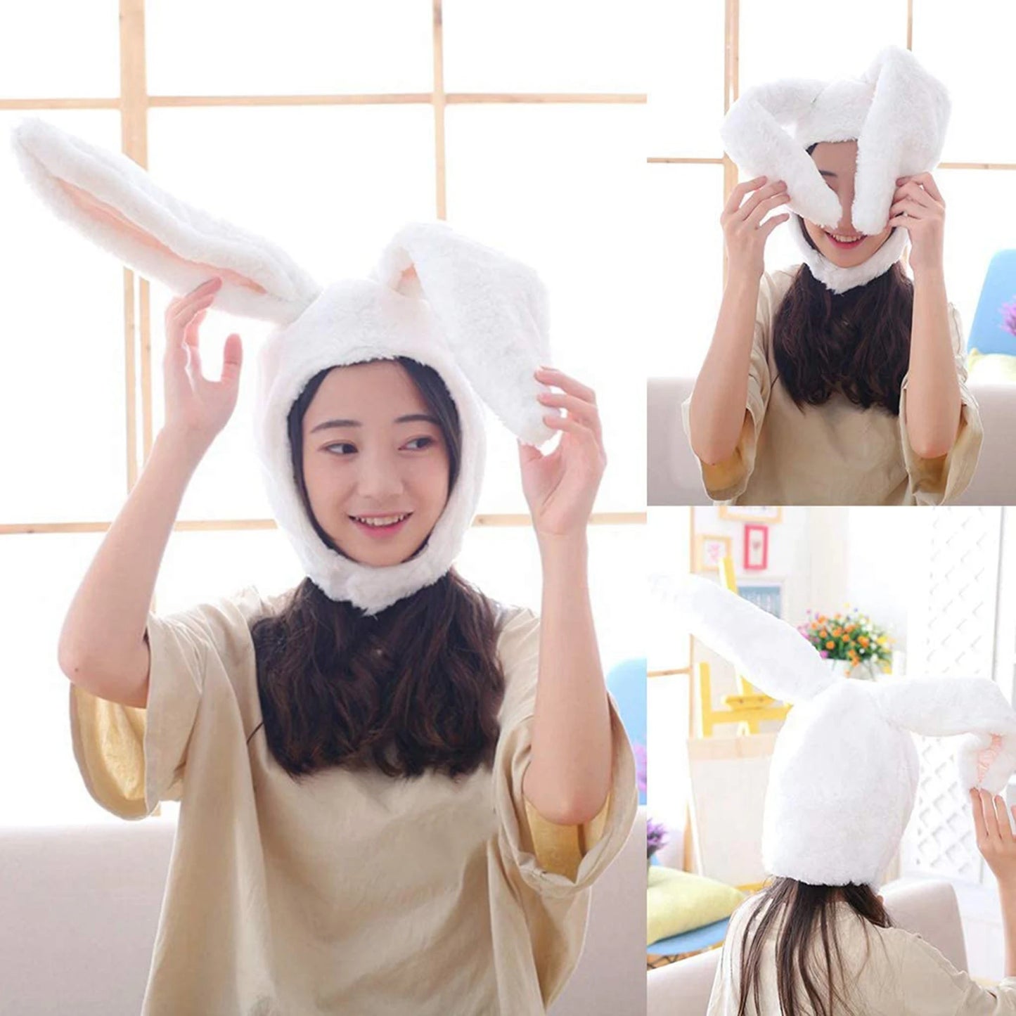 Women Men Funny Plush Bunny Ears Hood Hat Cute Rabbit Eastern Cosplay Costume Accessory Headwear Halloween Party Props