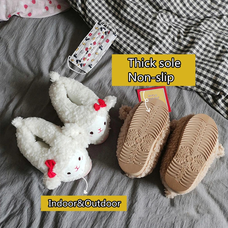 Warm Slippers Women Girl Couples Cartoon Alpaca Home Cotton Shoes Winter Flat Thicken Bottom Indoor Outdoor Slipper Non-slip