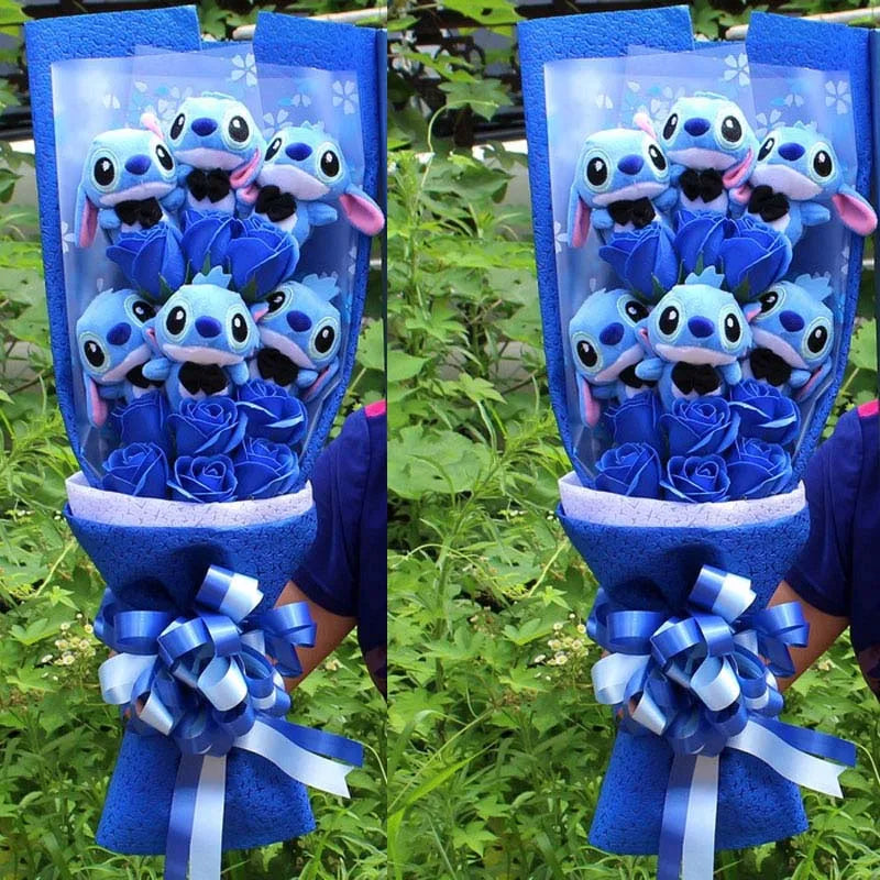 Drop Shipping Cartoon Lilo Stitch Plush Doll Toys Rose Bouquet Gift Box Stich Plush Bouquet with Fake Flower Wedding Party Gift