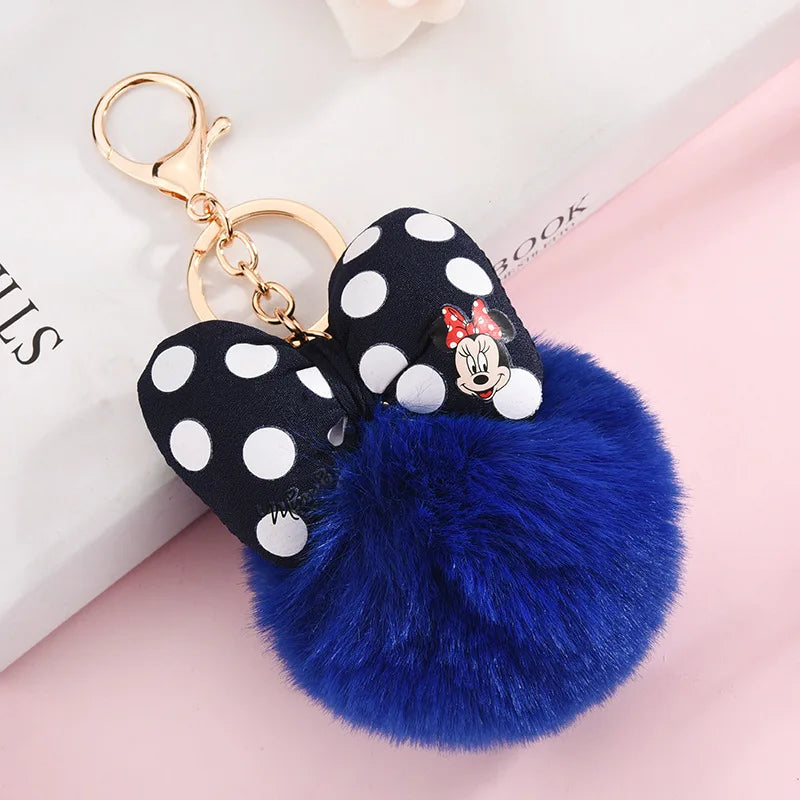 Disney Minnie Mickey Mouse Plush Keychains Cartoon Polka Dot Bow Pom-Pom Key Ring Pendant Car Bag Ornament Girl Child Gift Toy