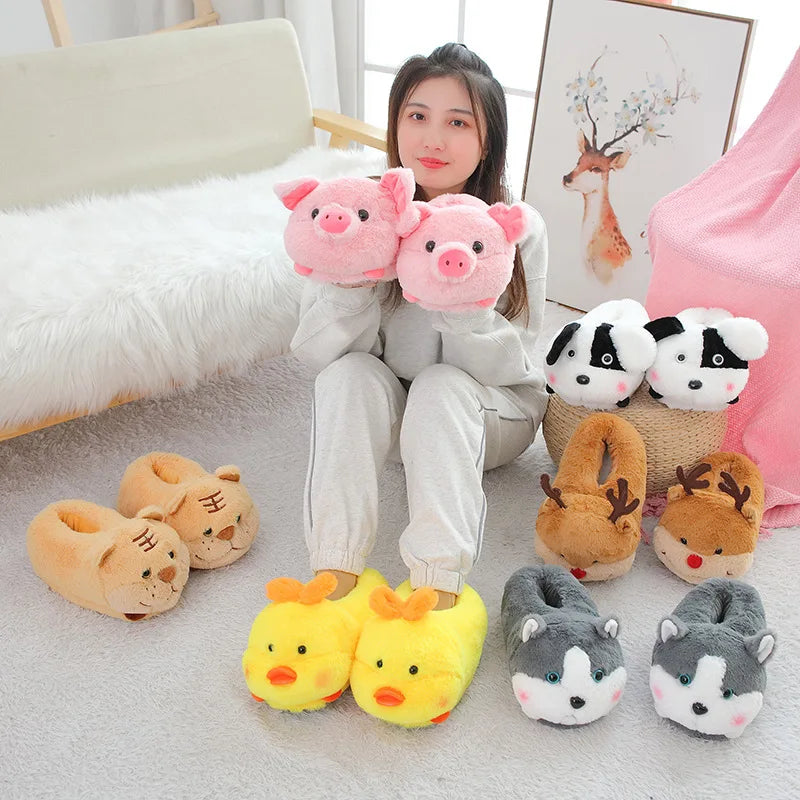 EU36-43 Warm Slippers Cartoon Indoor Flat Long Plush Slippers Home Shoes Floor Slippers Non-slip Duck Pig Girl Boy Couple