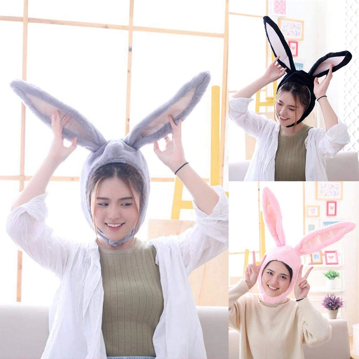 Women Men Funny Plush Bunny Ears Hood Hat Cute Rabbit Eastern Cosplay Costume Accessory Headwear Halloween Party Props