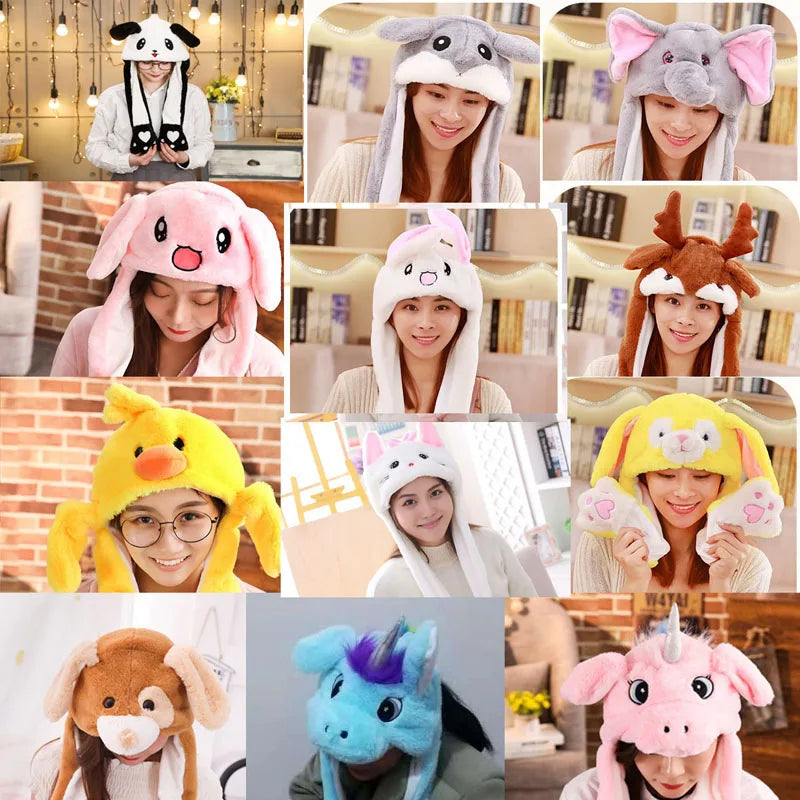 Moving Hat Rabbit Ear Plush Toy Airbag Cap Stitch Lighted Hat Mickey Minnie Mouse  Doll  Cosplay Hat Kid Children Birthday Gifts