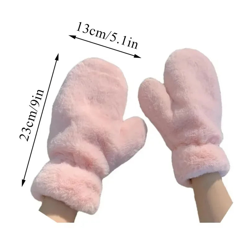 Women Cute Lovely Sweety Soft Solid Plush Fluffy Winter Keep Warm Gloves Cold Protection Windproof Thickened Mittens