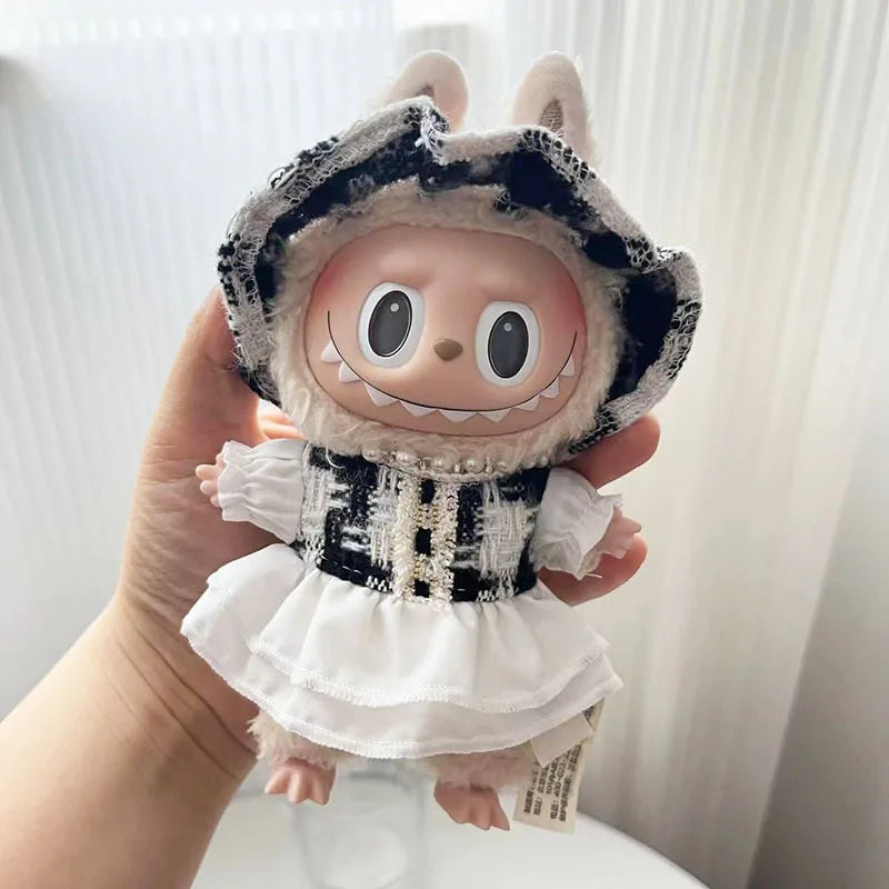 New 17cm Pendant Cute Labubu Doll Clothes Fashion Dress Headgear Stuffed Accessories Cos Anime Plush Cartoon Decor Birthday Toys