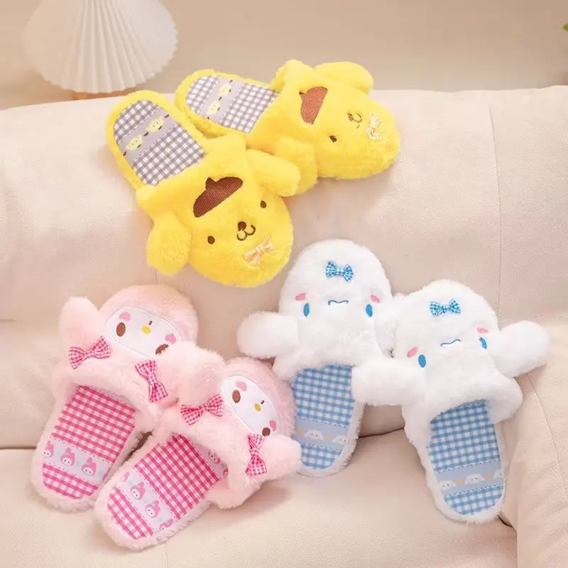 Lovely Warm Indoor Shoes Cute Kuromi My Melody Cinnamoroll Slippers Lolita Home Cotton Shoes For Girl Lady Winter Non-slip