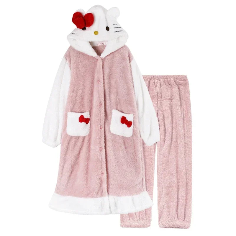 2024 New Hello Kitty Kawaii Sanrio Cute Bow Furry Pajamas Autumn And Winter Sweet Girl Long Pajama Anime Plush Couple Loungewear