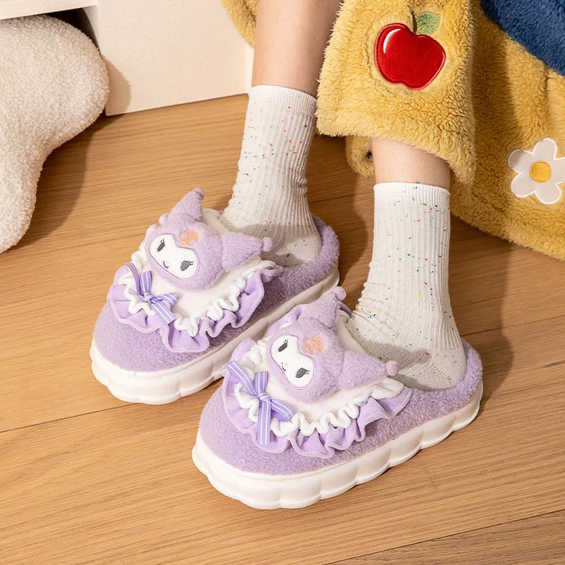 Sanrio Kawaii Cinnamoroll Womens Slippers Kuromi Hello Kitty Plush Cartoon Cute Sweet Suitable Indoor Outdoor Winter Shoes