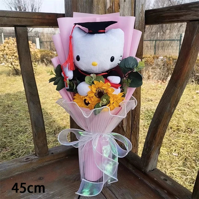 Hello Kitty Graduation Plush Bouquet Toys with Sunflower Present Stuffed Animals Toy Student Graduation Souvenir Birthday Gift