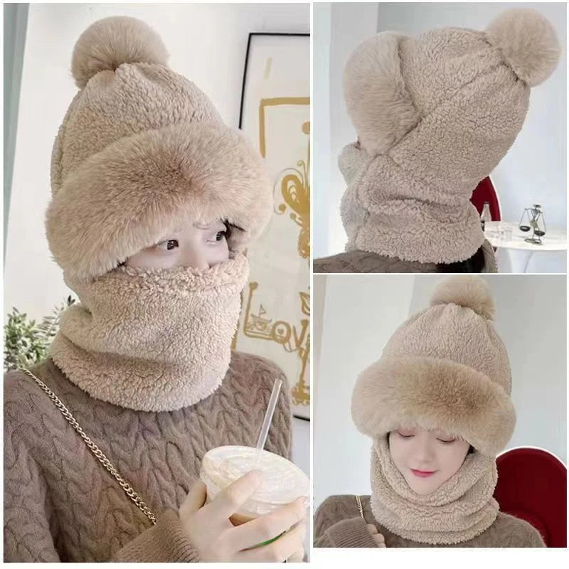 Fashion Plush Hat Scarf Mask Set Winter Warm Hat Neck Warmer Outdoor Cycling Windproof Warmer Scarf Hat Ear Protection