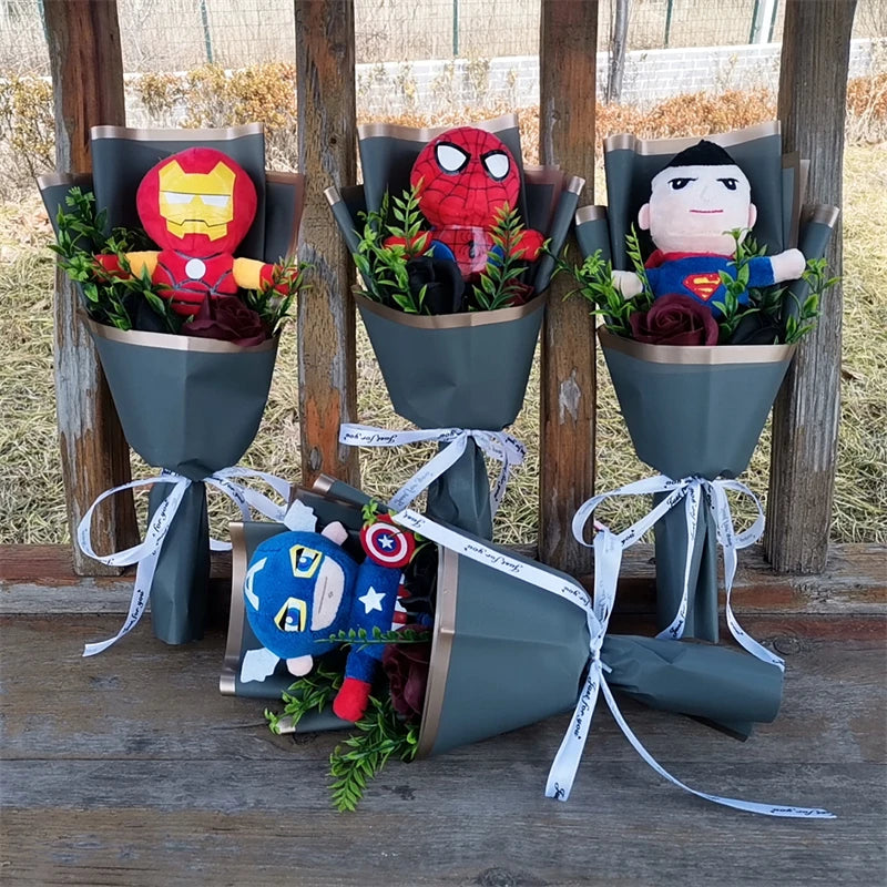 Graduation Plush Bouquet Super Hero Spider-Man Iron Man Superman Captain America Plush Stuffed Toy Kids Day Birthday Gifts