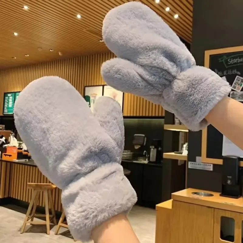 Women Cute Lovely Sweety Soft Solid Plush Fluffy Winter Keep Warm Gloves Cold Protection Windproof Thickened Mittens