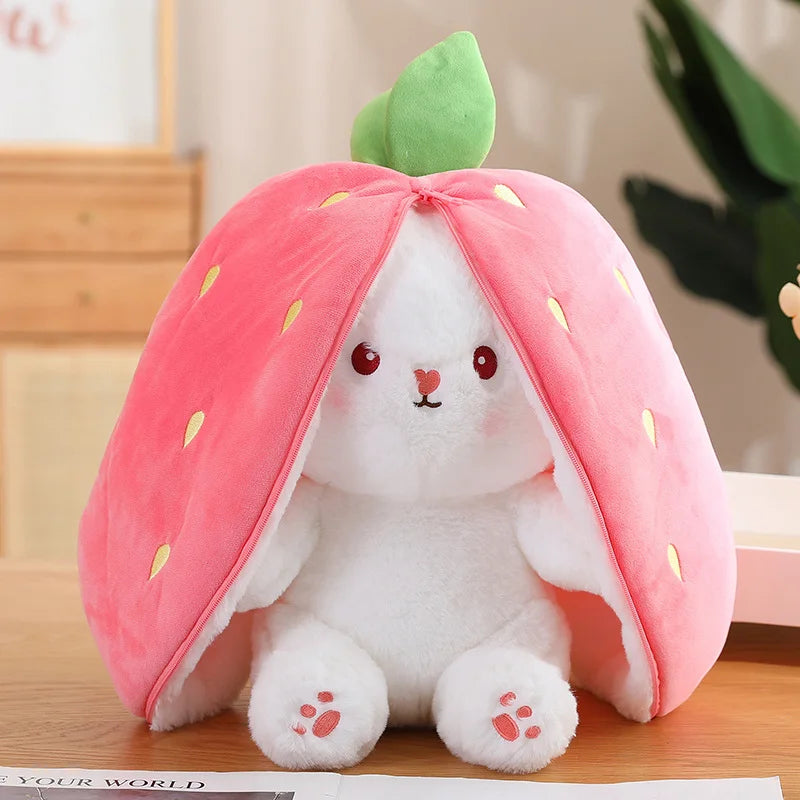 35cm Creative Funny Doll Carrot Rabbit Plush Toy Stuffed Soft Bunny Hiding in Strawberry Bag Toys for Kids Girls Birthday Gift