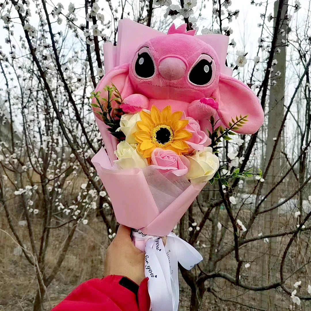 Anime Lilo & Stitch Plush Bouquet With Sunflower Soap Rose Flower Bouquet Cartoon Stuffed Valentine's Day Christmas Birthday Gif