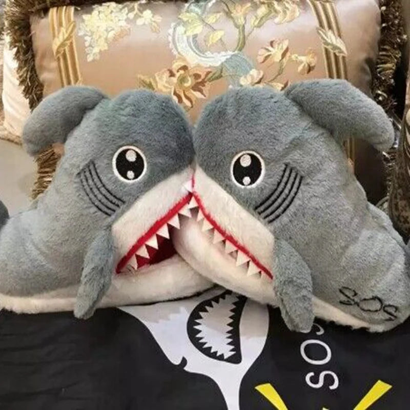 Cuddly Shark Slippers Plush Toys Women Men Winter Home Slides Kawaii Floor Shoes Furry Slippers Girl White Mules Funny Gift