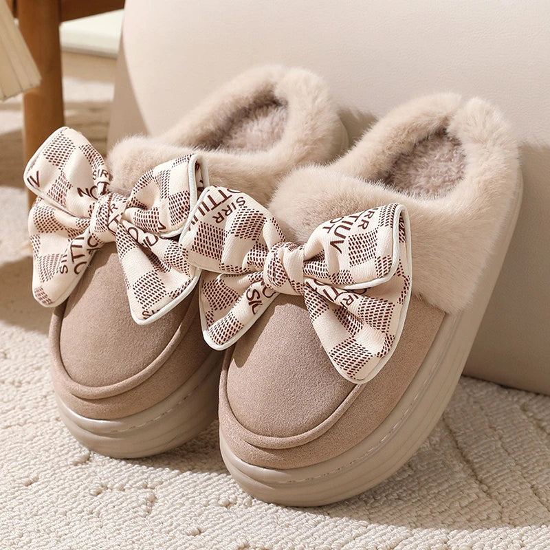 Lovely Bow Women Winter Toe Wrap Warm Solid Cotton Slippers Thick Soft Sole Slides Femmer Indoor Floor Flat Home Non-slip Shoes