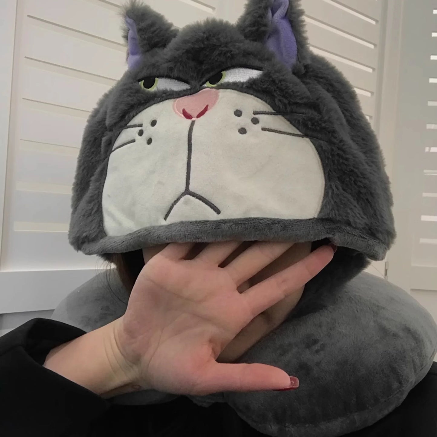 Disney Lucifer Cat U-shaped Neck Pillow With Hat Anime Grey Cat Travel Pillow Hooded Lucifer Cat Blackout Office Car Xmas Gifts