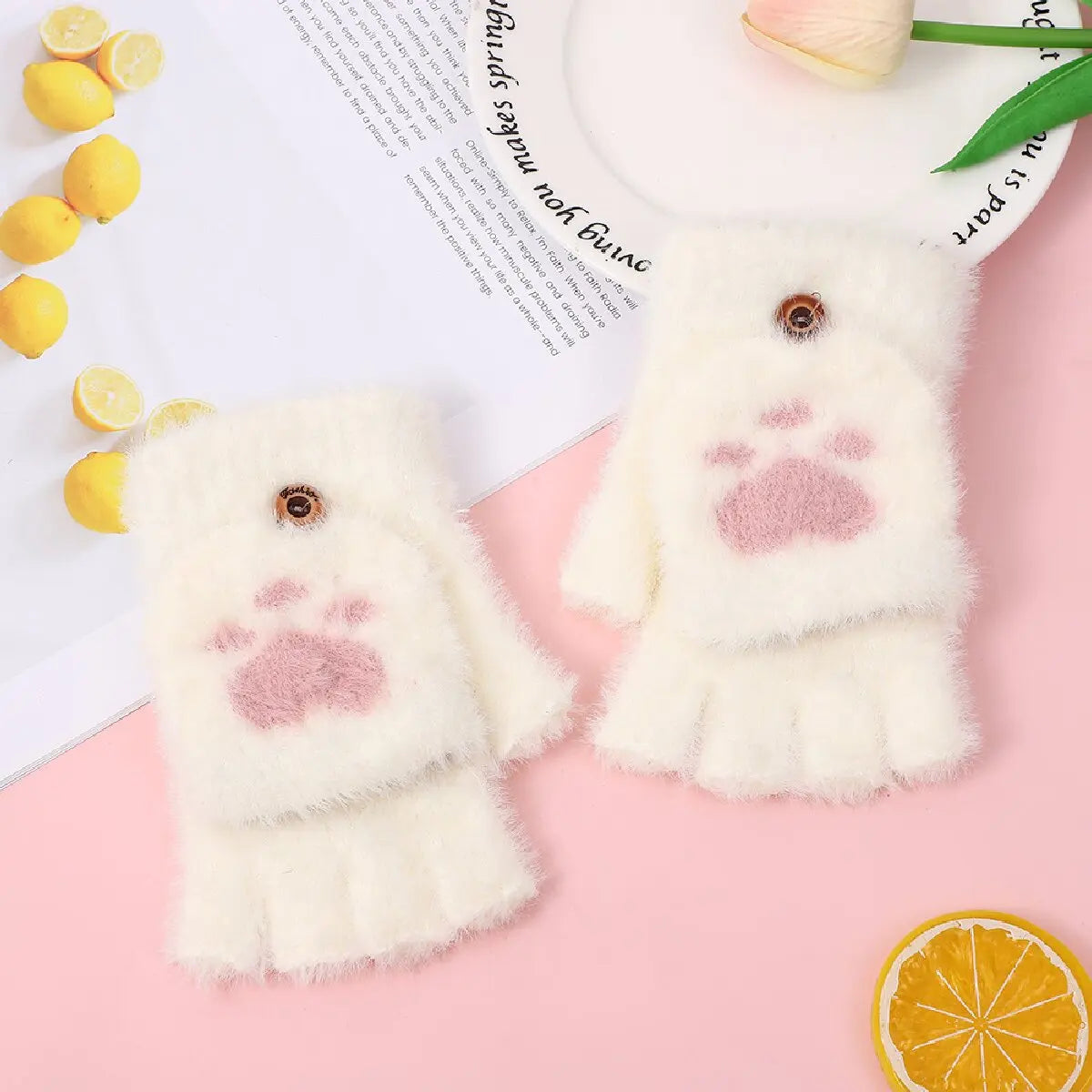 Thicken Women Warm Cat Gloves Fashion Girls Cat Claw Paw Plush Mittens Soft Plush Short Fingerless Half Finger Winter Gloves