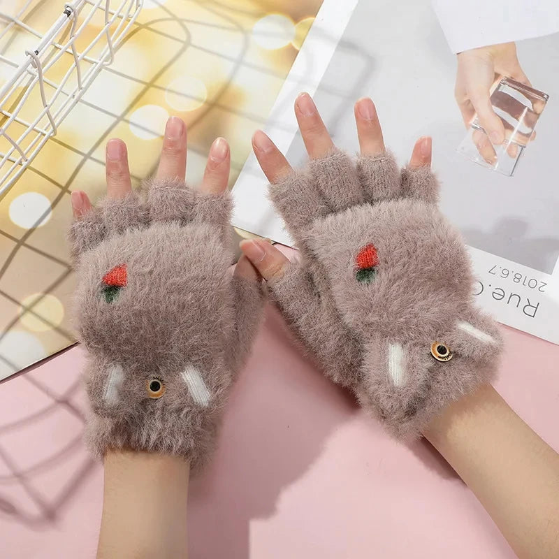 Women Plush Warm Glove Fur Lovely Rabbit Cat Mittens Flip Fingerless Gloves Soft Girls Thick Gloves Flexible Half Finger Winter