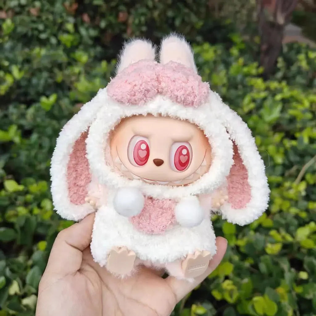 For 15-17cm Labubu Dolls Accessories DIY Doll Clothes Heartbeat Long Eared Furry Rabbit Costume Cartoon Dress Up Labubu Outfit