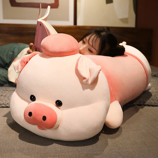 Cute Fat Long Giant Plush lying Pink Pig With Hats Dolls Pillow Girlfriend Sleeping Cushion Nice Birthday Gift For Kids