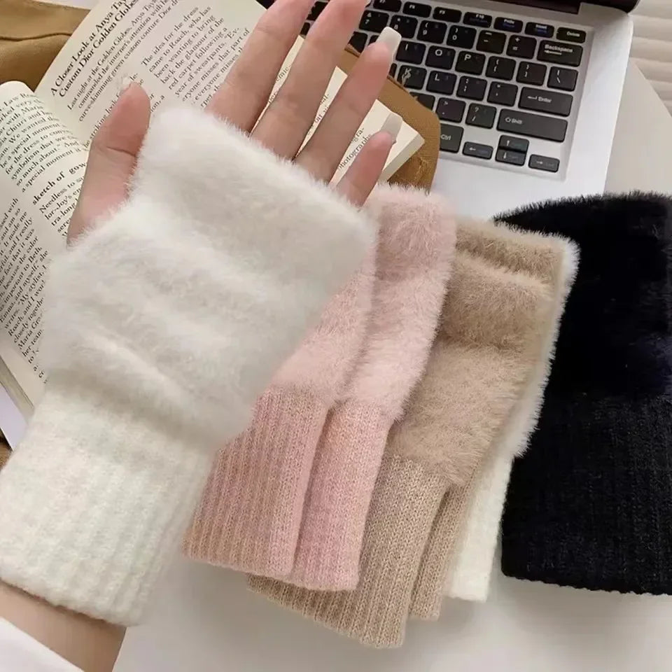 2024 New Mink Fleece Half Finger Gloves for Women's Soft Winter Warmth Luxury Solid Color Plush Knitted Fingerless Gloves